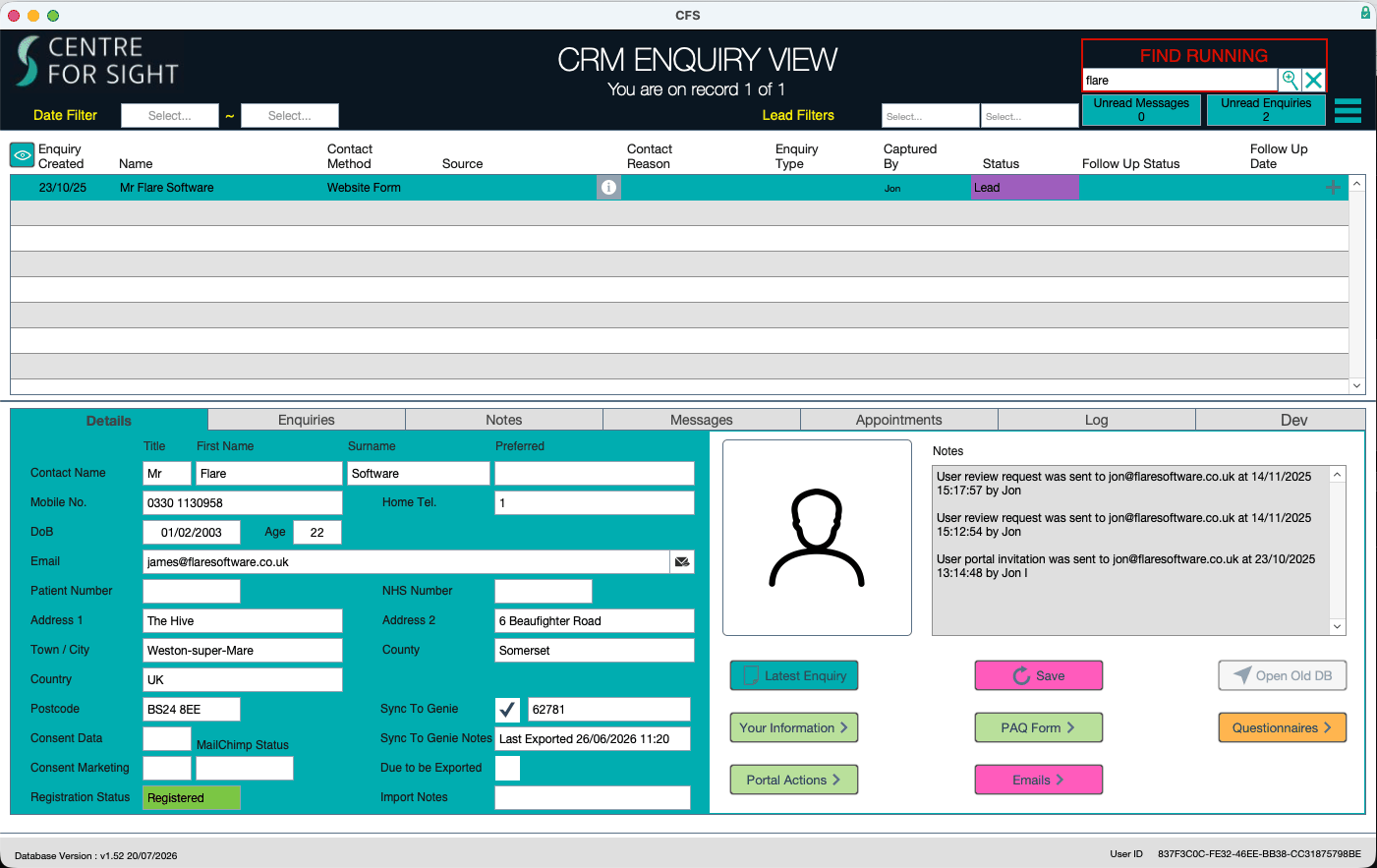 Centre for Sight CRM enquiry view showing pipeline status, contact details, portal actions and practice-management sync