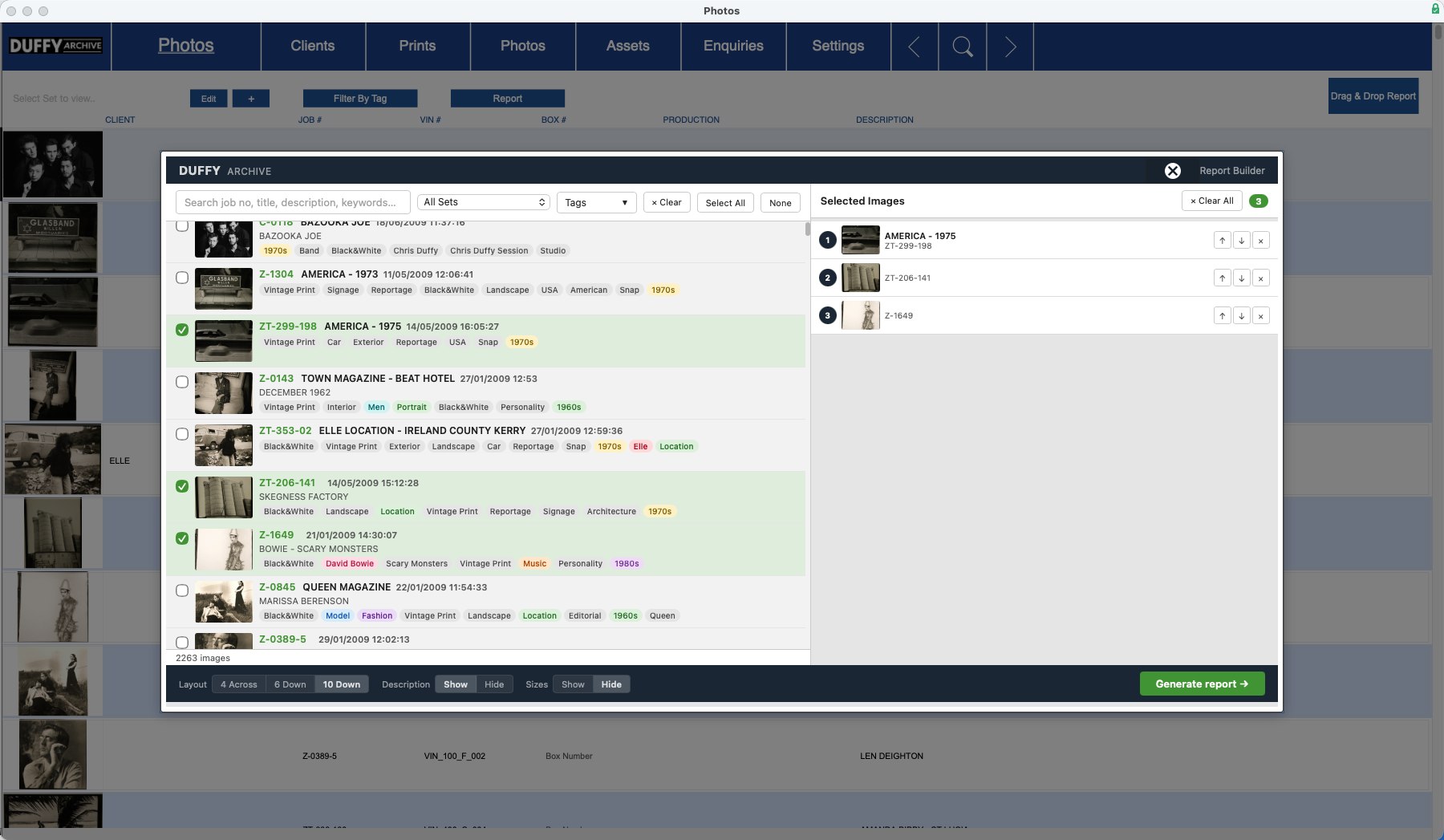 Duffy Archive report builder showing the searchable tagged catalogue with images selected for a drag-and-drop photo report