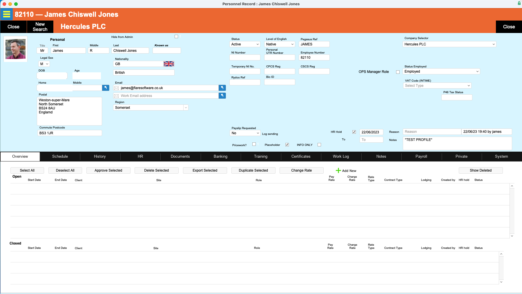 A worker record in the Hercules workforce system, showing personal details and record sections
