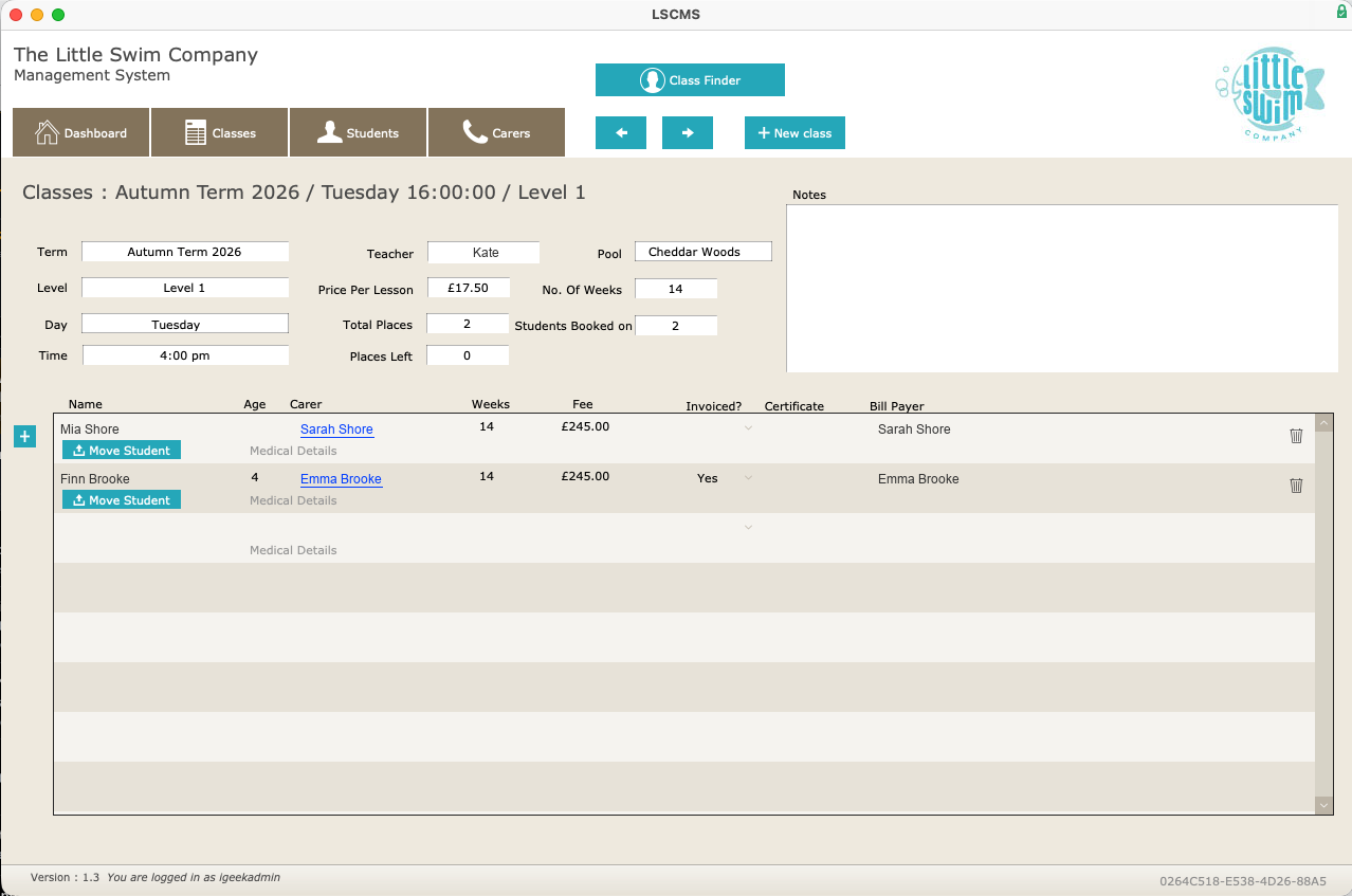 Little Swim Company class view showing an Autumn Term Level 1 class at Cheddar Woods with its register, fees and invoicing status