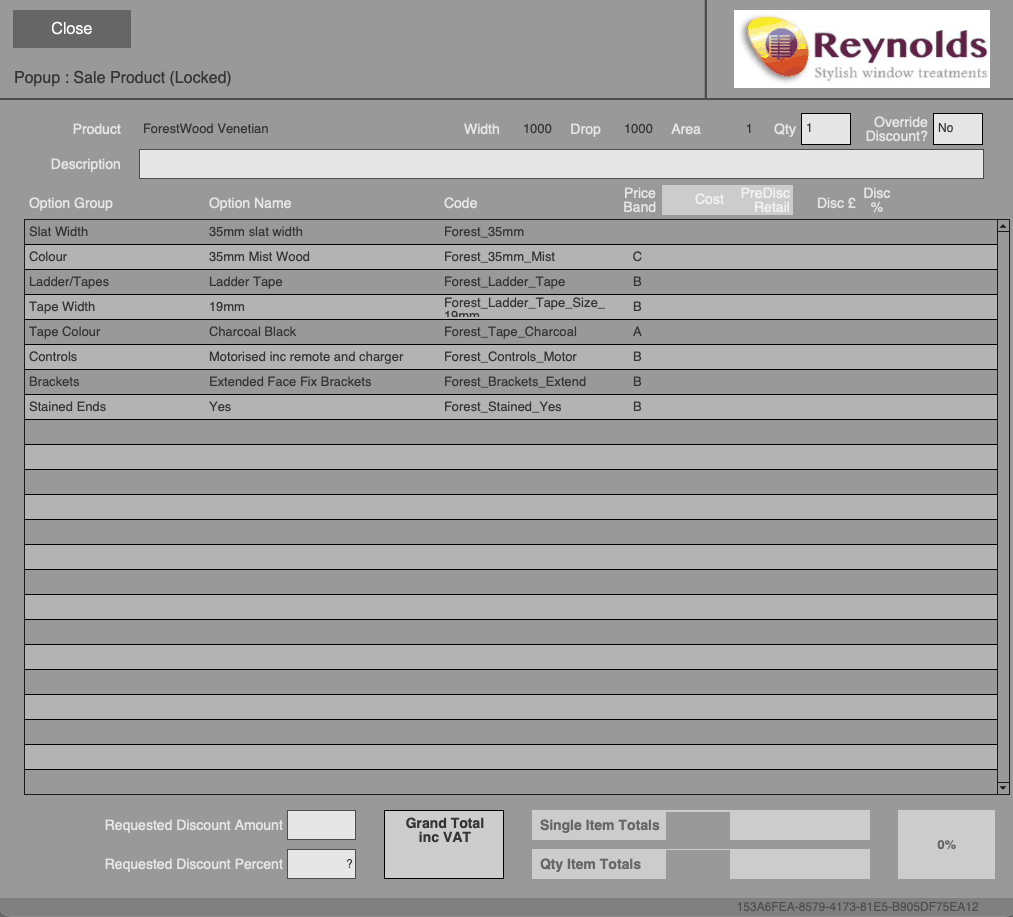 Reynolds product configurator showing a made-to-measure venetian blind with its full option set and pricing