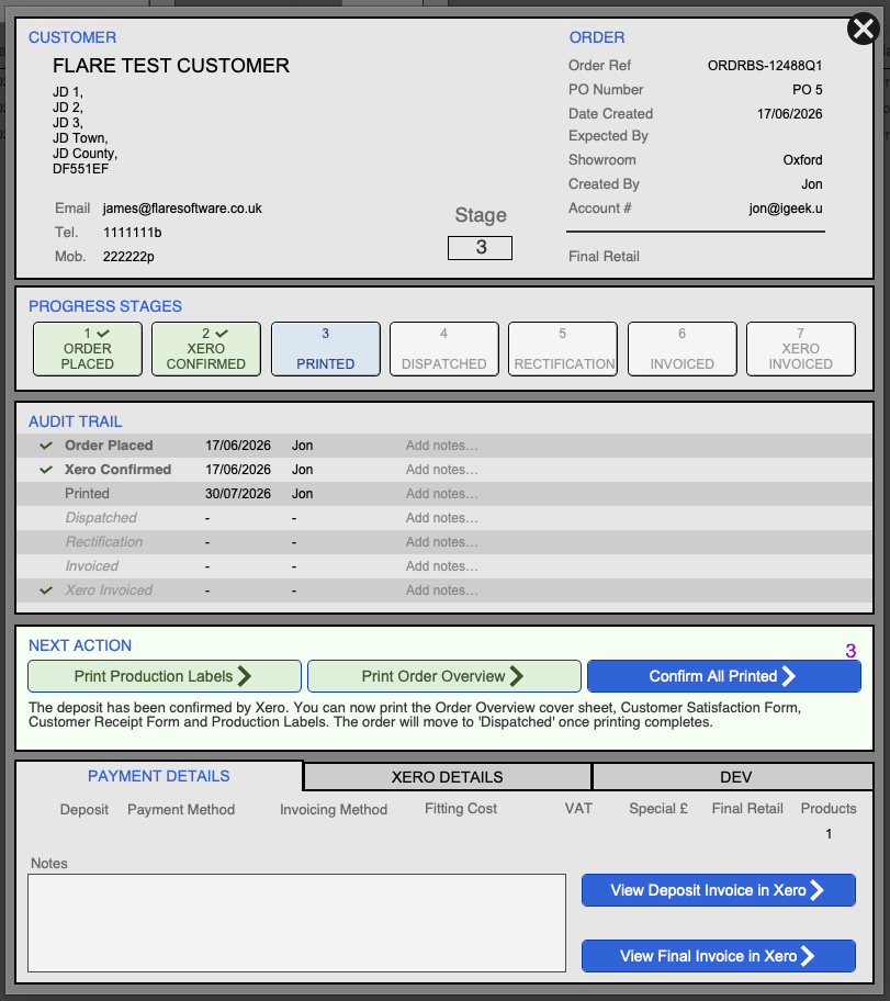 Reynolds order card showing the staged production pipeline with Xero deposit confirmed and audit trail